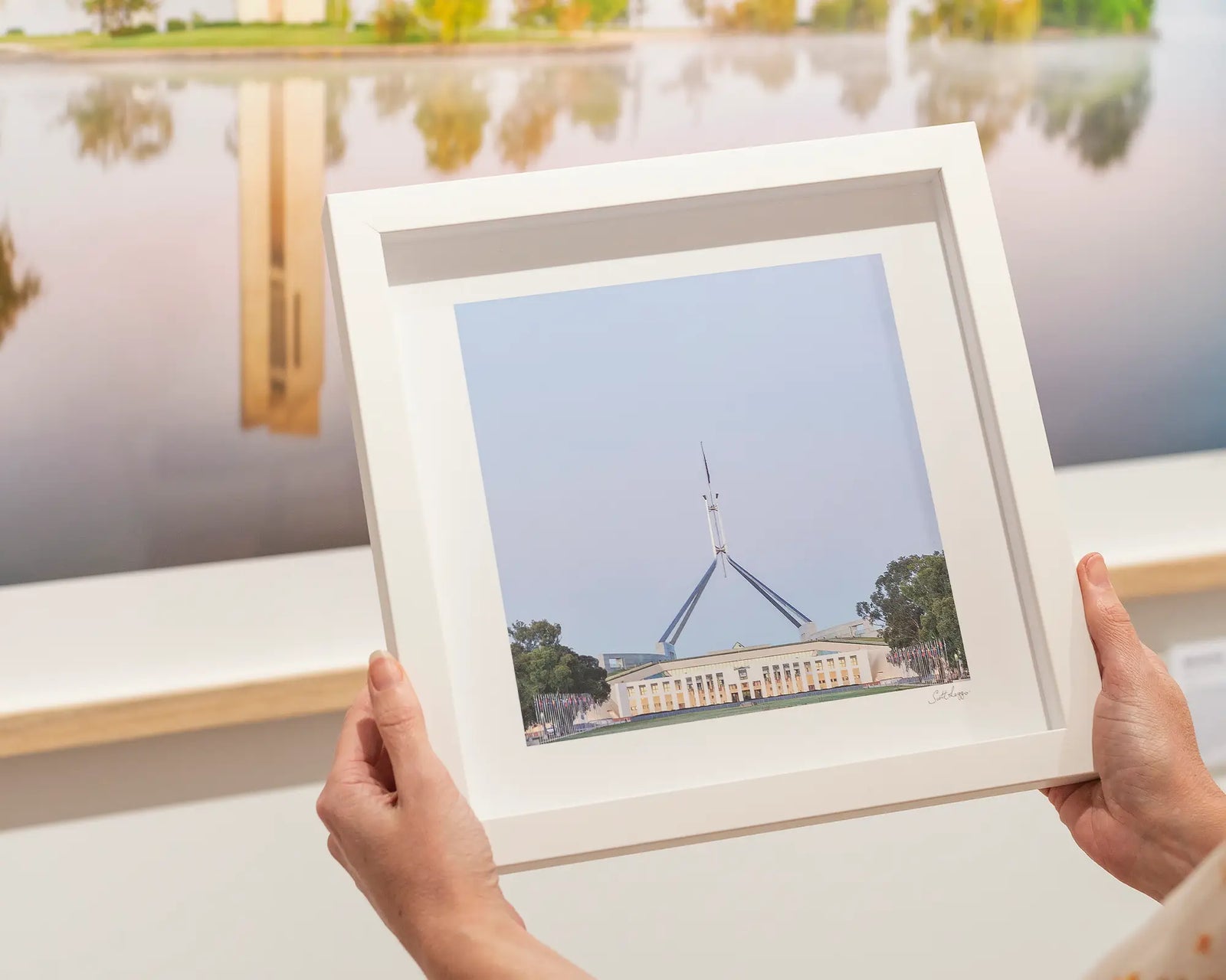 Framed wall art print of aa perfect blue sky and Parliament House. 
