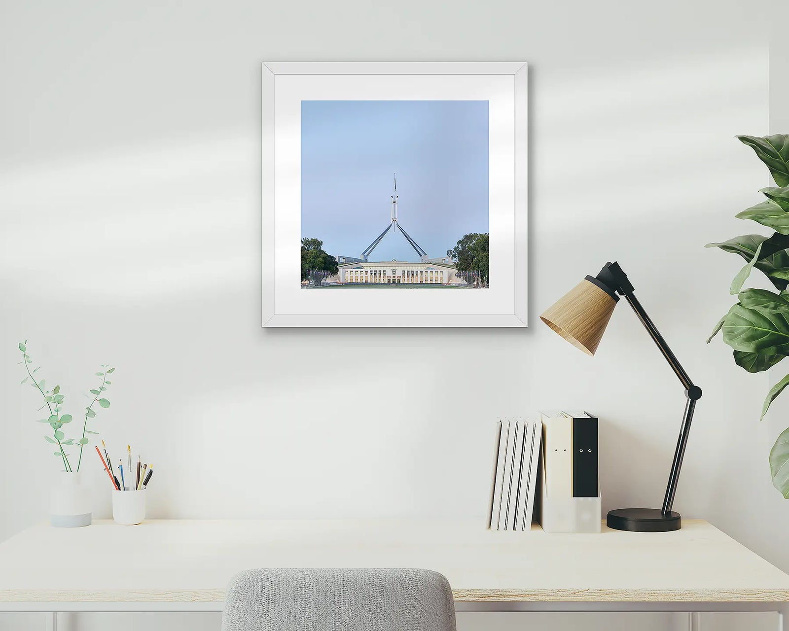 Framed wall art print of aa perfect blue sky and Parliament House. 