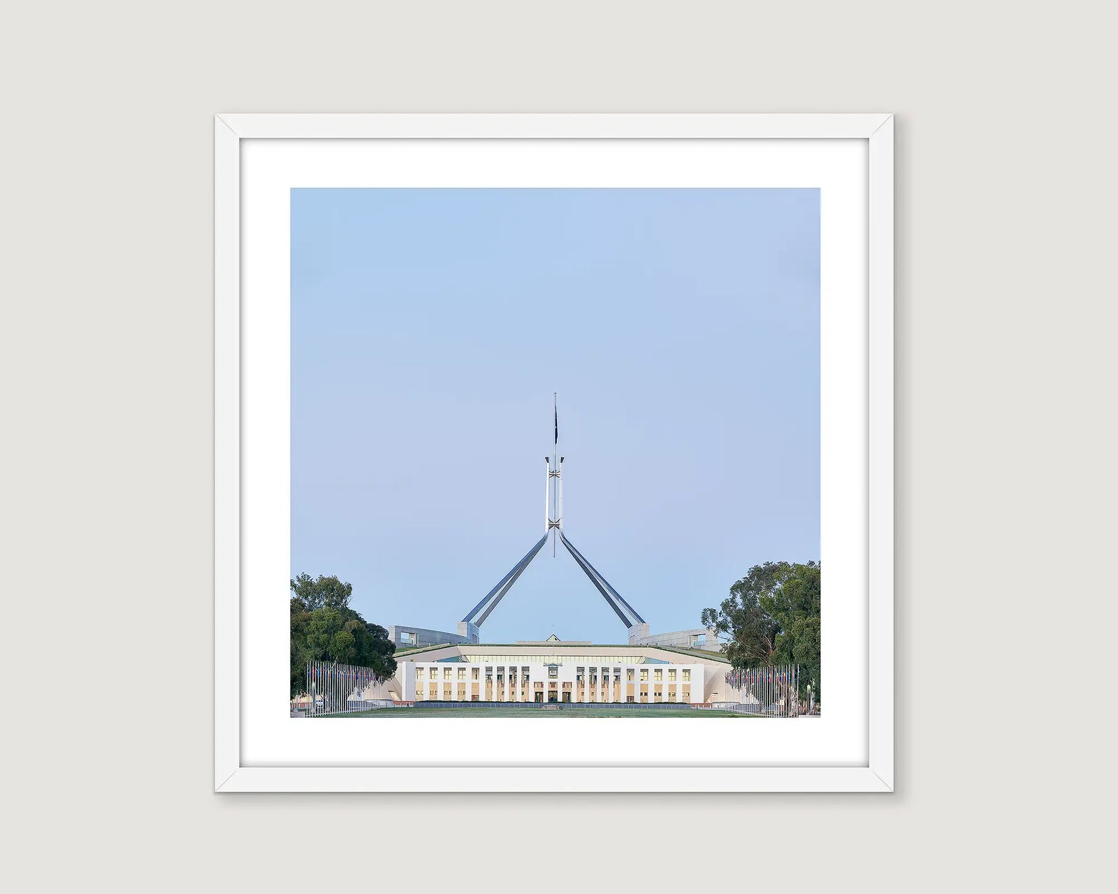 Framed wall art print of aa perfect blue sky and Parliament House. 