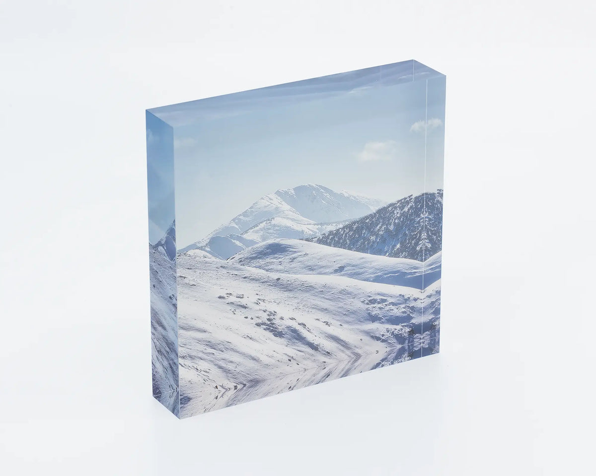 Icon of the Alps acrylic block - Mount Feathertop covered in snow. 