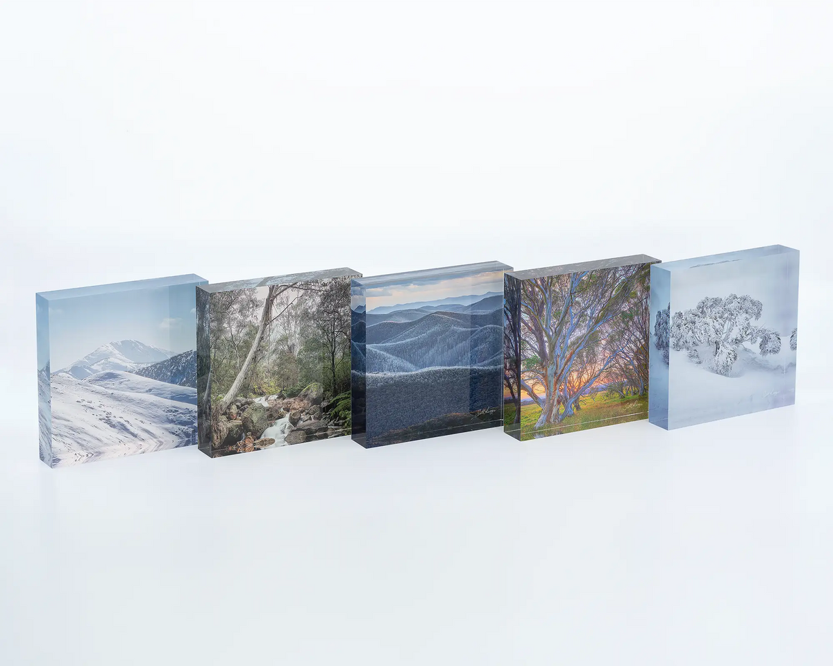 Icon of the Alps acrylic block with other alpine themed artworks. 