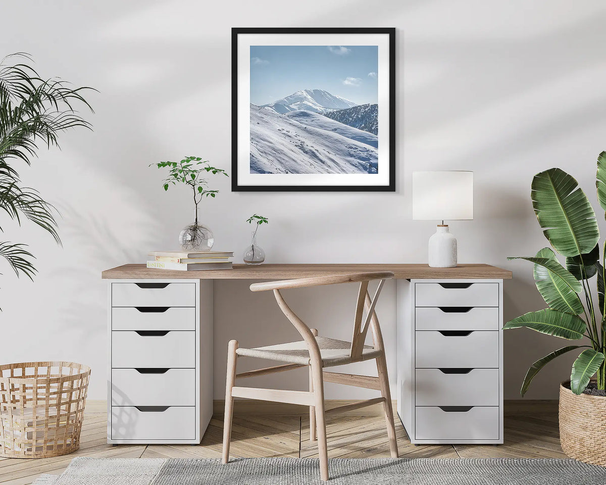 Icon Of The Alps. Mount Feathertop, photographic wall art print with a black frame, hung in a home office. 
