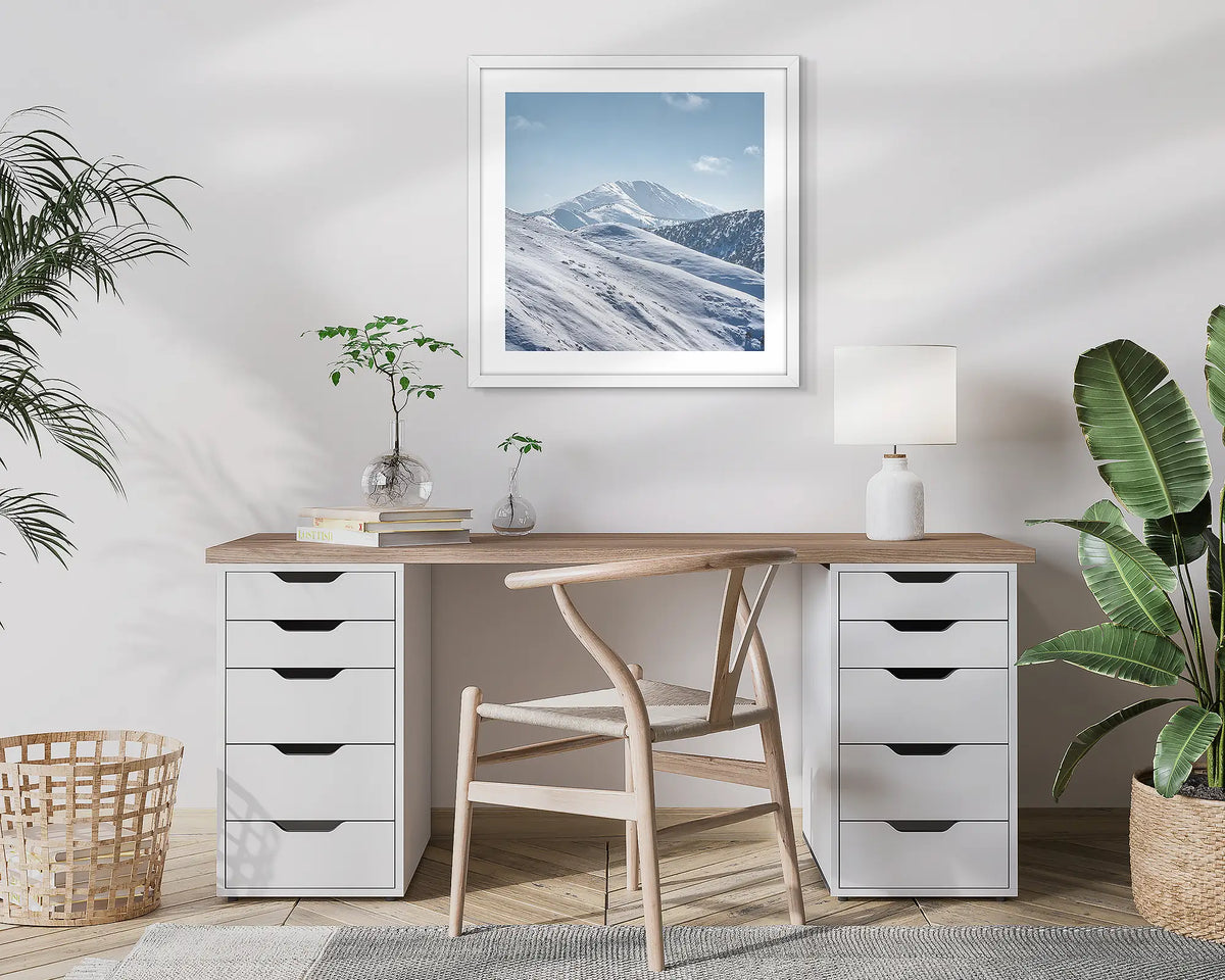 Icon Of The Alps. Mount Feathertop, photographic wall art print with a white frame, hung in a home office. 