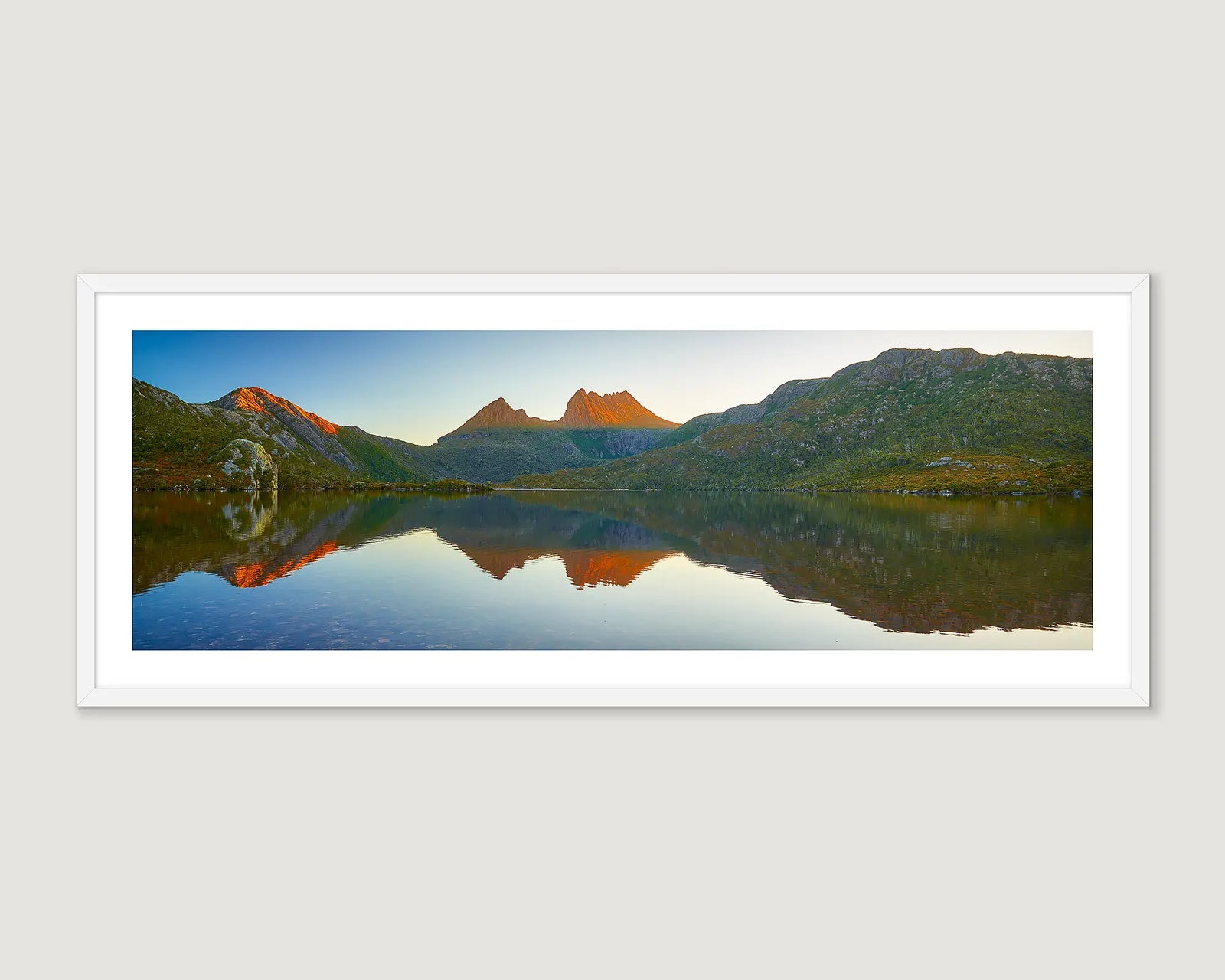Framed wall art print of a mountain reflection in Dove lake.