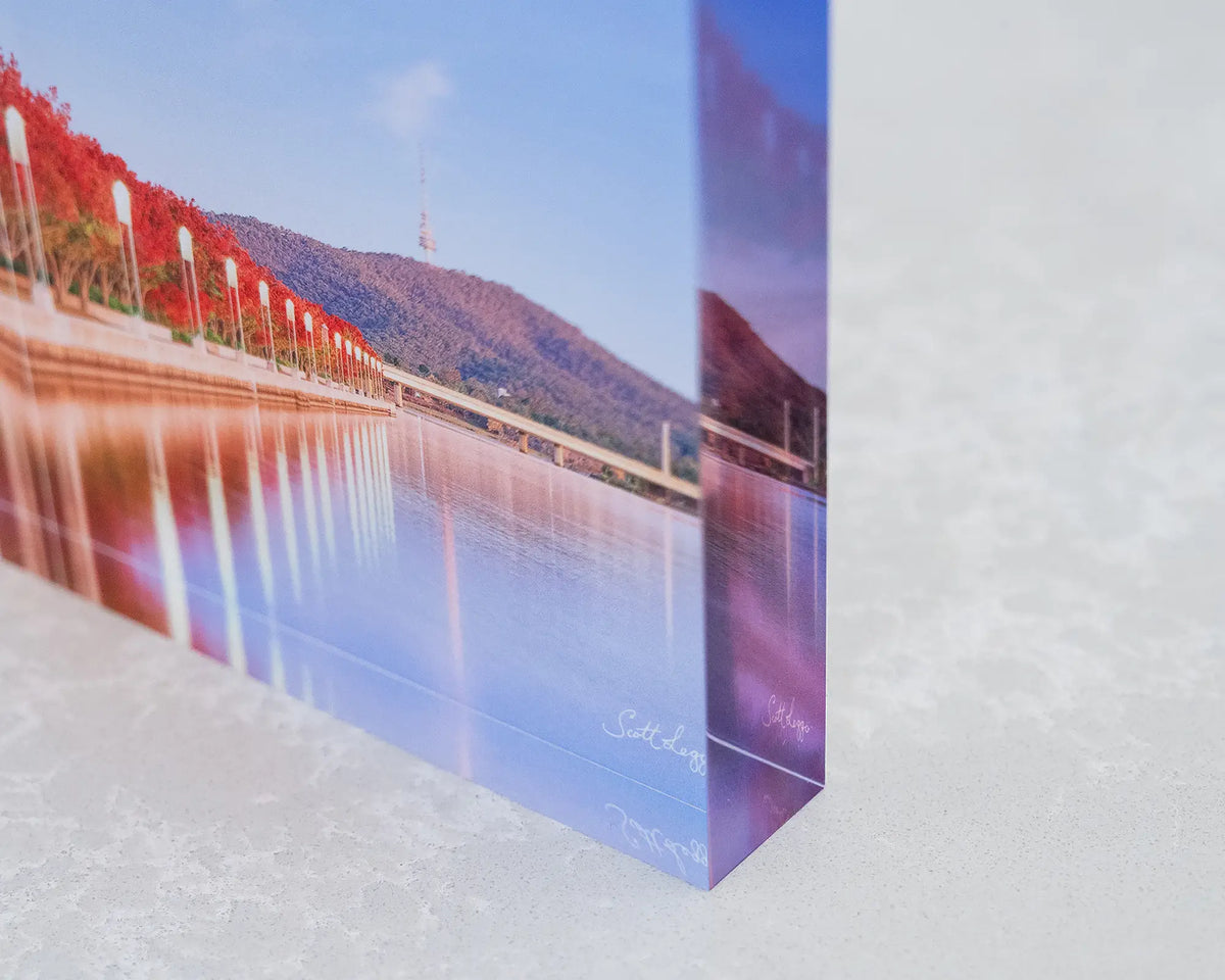 Impressions of Autumn. Acrylic block of autumn trees lining Lake Burley Griffin, Canberra, close-up corner details.
