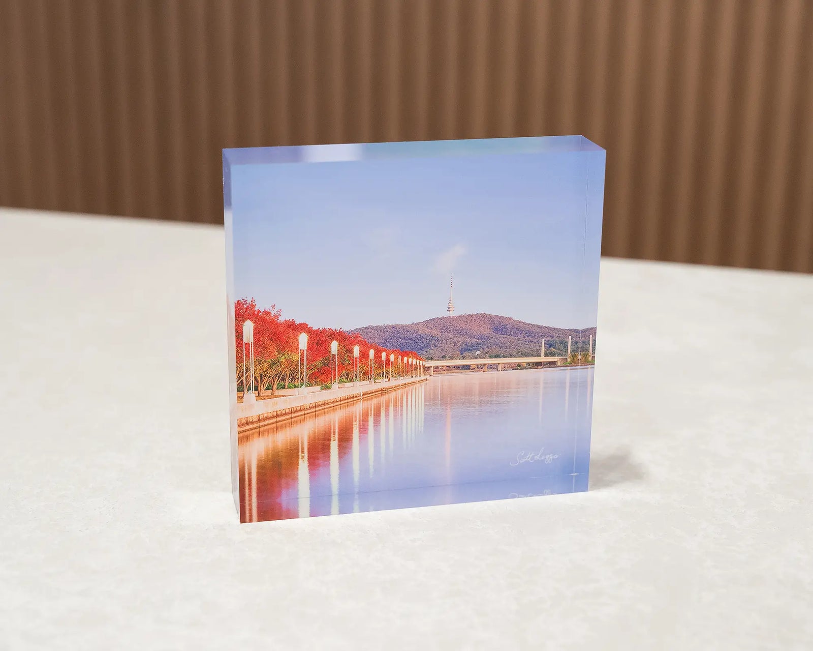 Impressions Of Autumn. Red trees beside Lake Burley Griffin at sunrise.