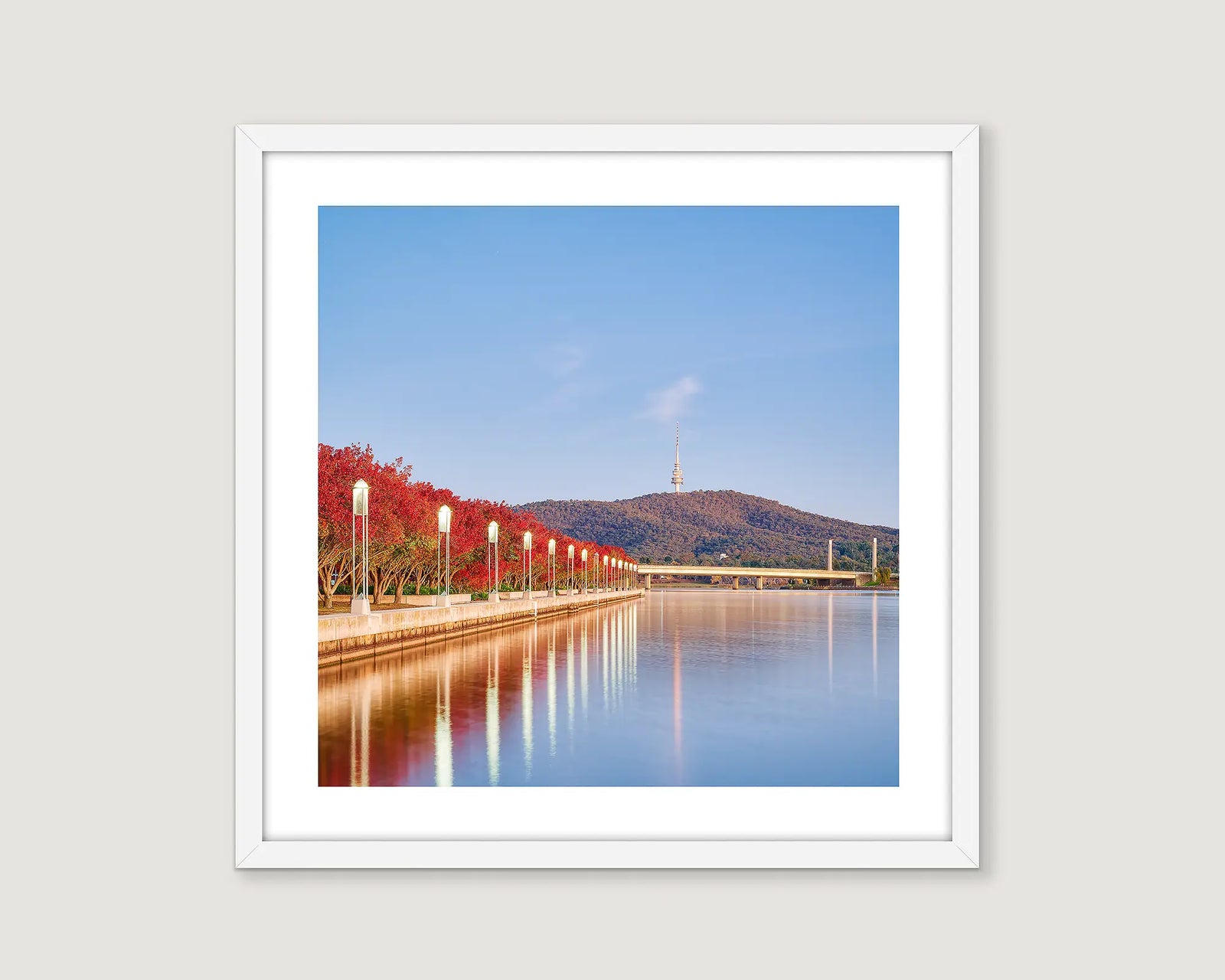 Framed wall art print of trees turning red around Lake Burley Griffin on an autumn morning, with Black Mountain in view. 