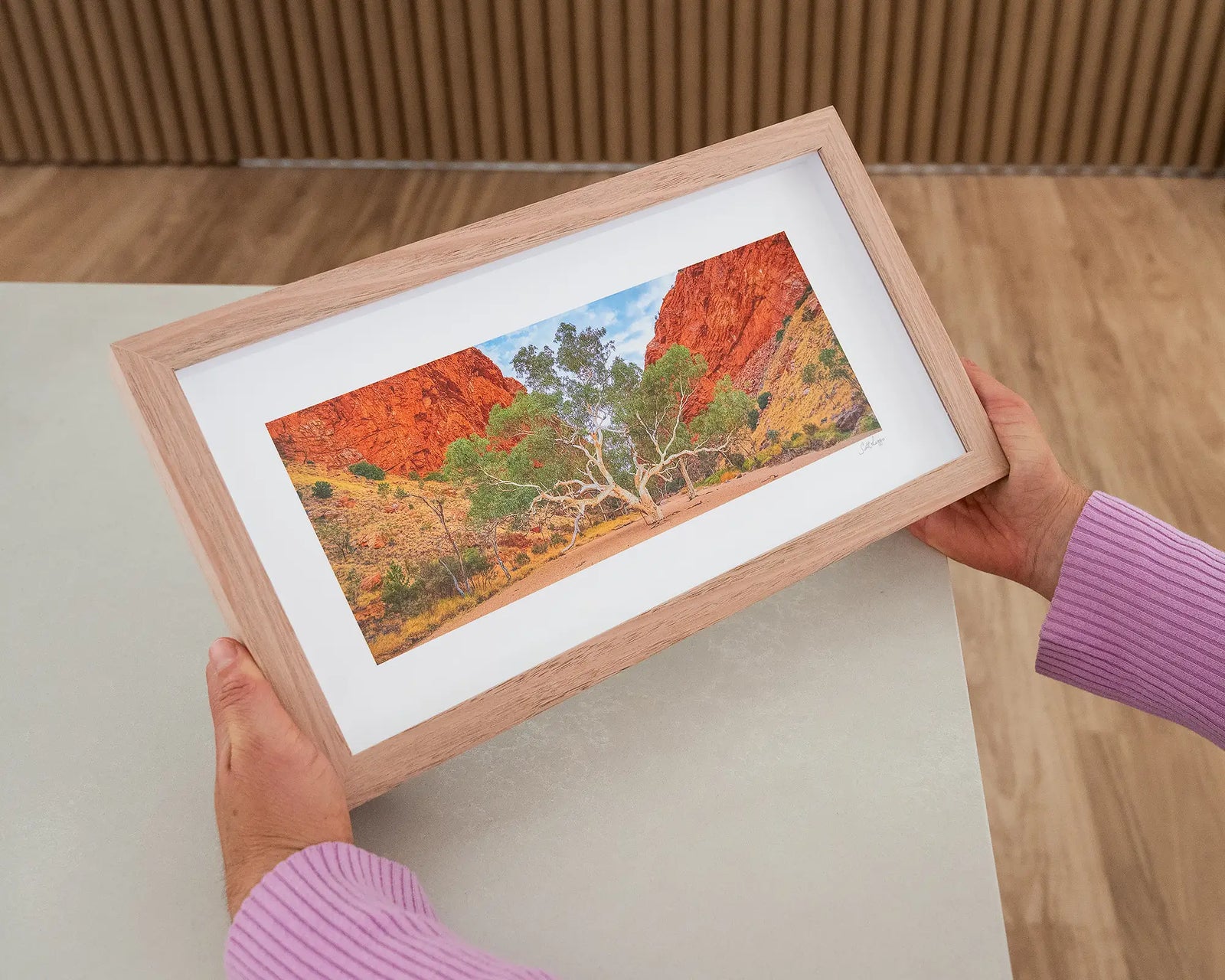 Framed artwork of a landscape with a tree and red rock formations.