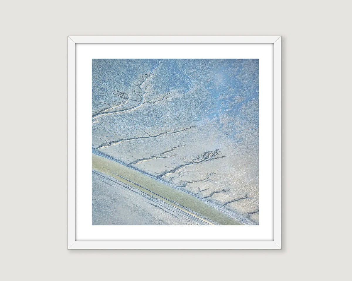 Framed wall art print of patterns created in the sand by tides at Crab Creek. 