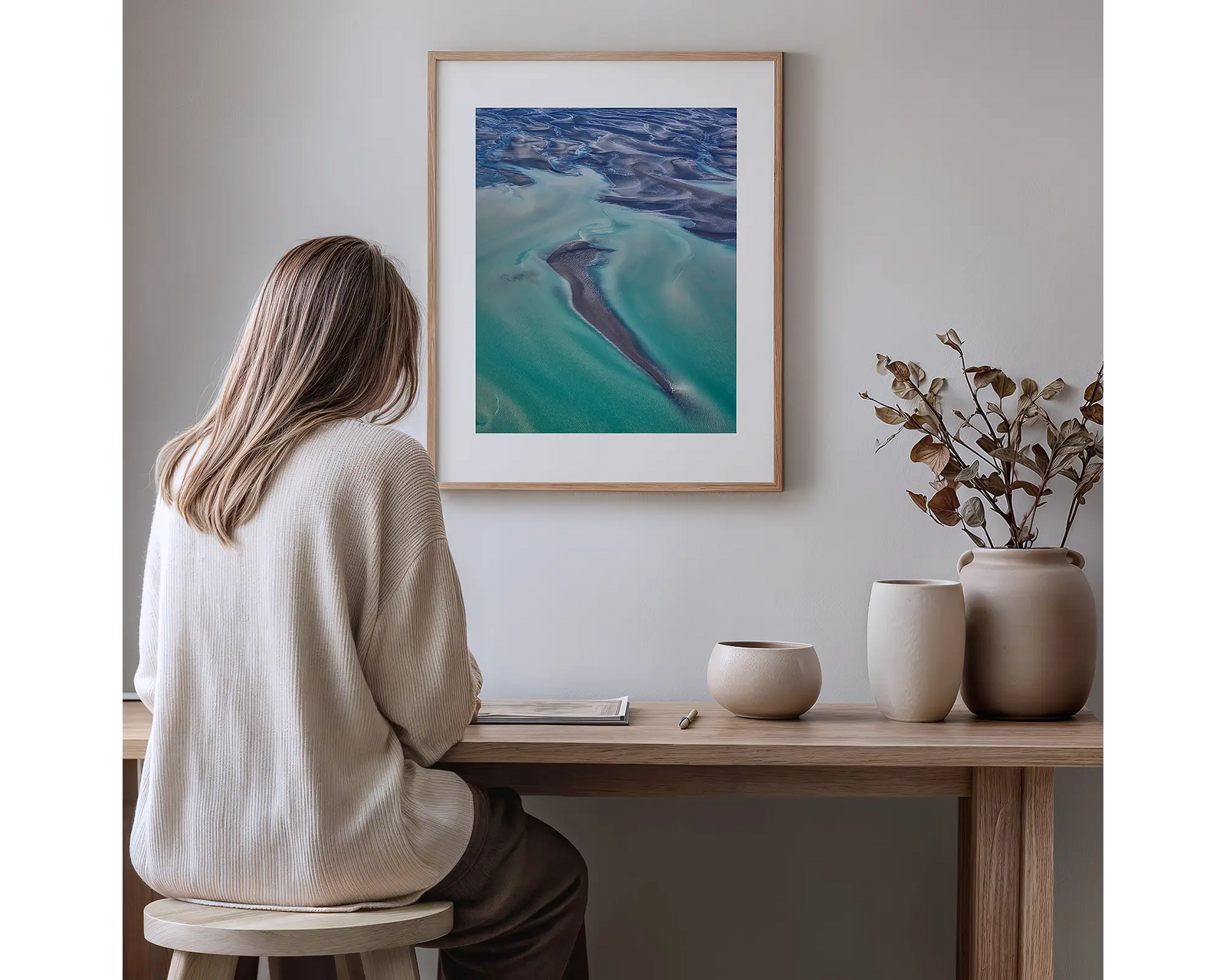 Framed wall art print of deep ocean colours created by the tide at Roebuck Bay. 