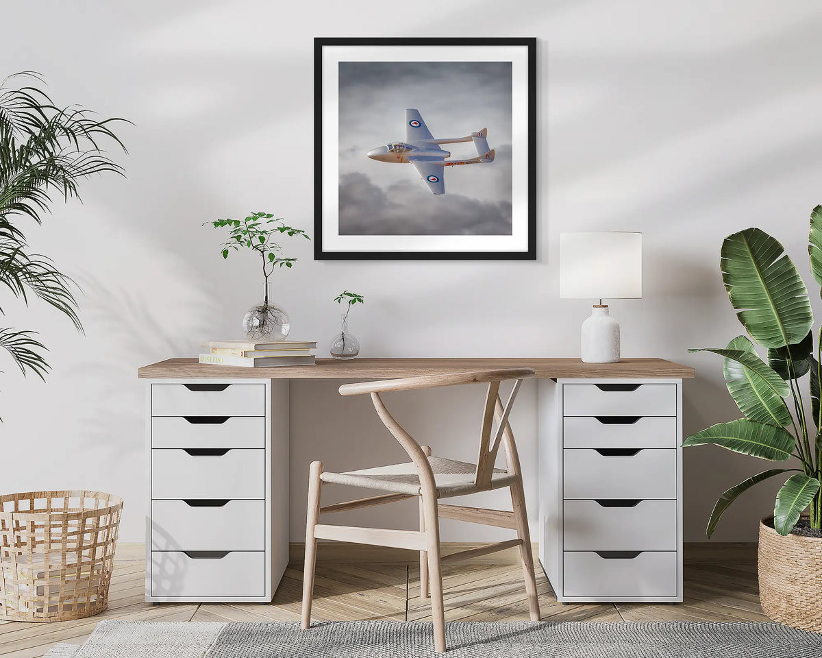 Into the Sun. Aviation photographic wall art print with a black frame, hung in a home office. 