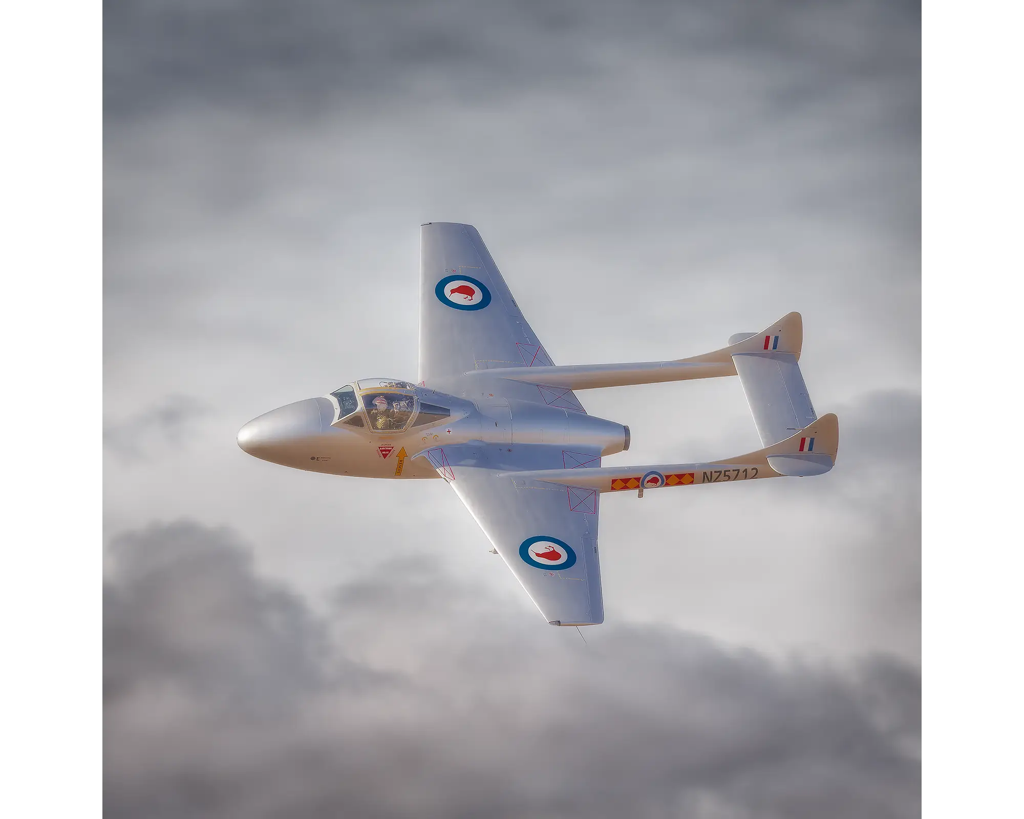 De Havilland Vampire in Royal New Zealand Air Force colours , flying against backdrop of clouds.