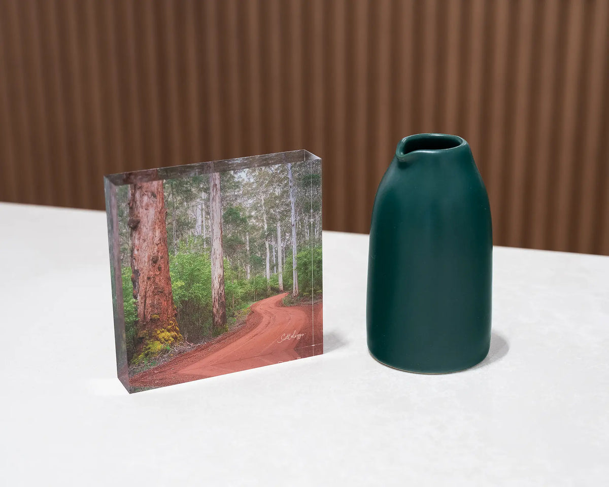 Karri Explorer. Acrylic block of Karri Forest, Western Australia, on desk styled with a small vase.