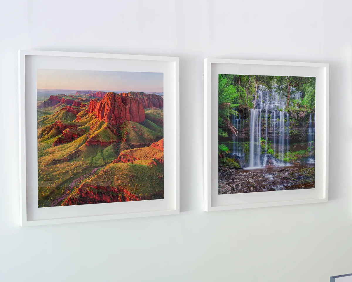 Kimberley Spirit. Outback artwork, white framed print hanging on wall in Scott Leggo Gallery.