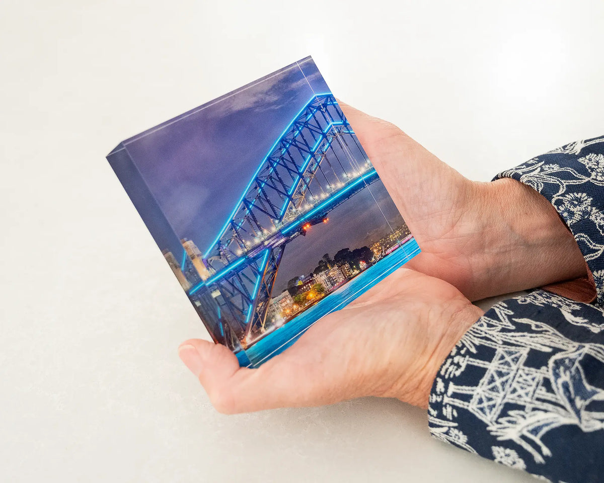 Kirribilli Colours. Acrylic block Vivid Festival Sydney Harbour Bridge, being hand held.