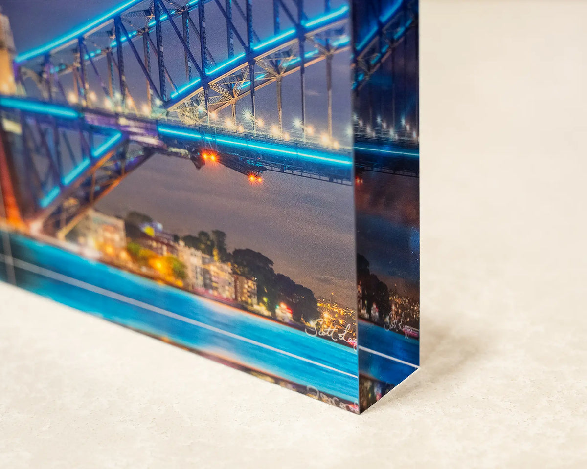 Kirribilli Colours. Acrylic block of Vivid Festival Sydney Harbour Bridge, corner close-up details.