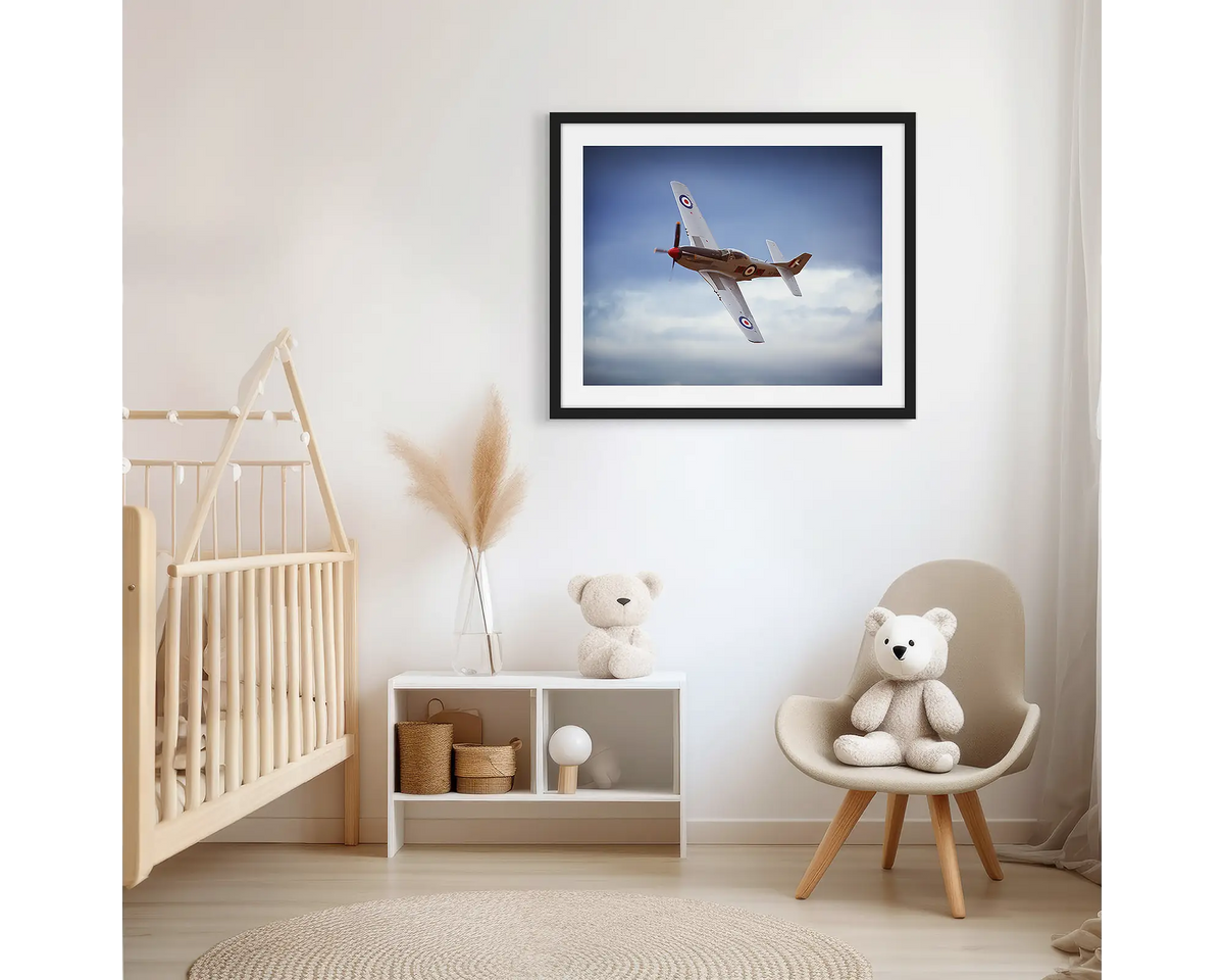 Kiwi Warbird. Aviation photographic wall art print with a black frame, hung in a scandi kids bedroom. 