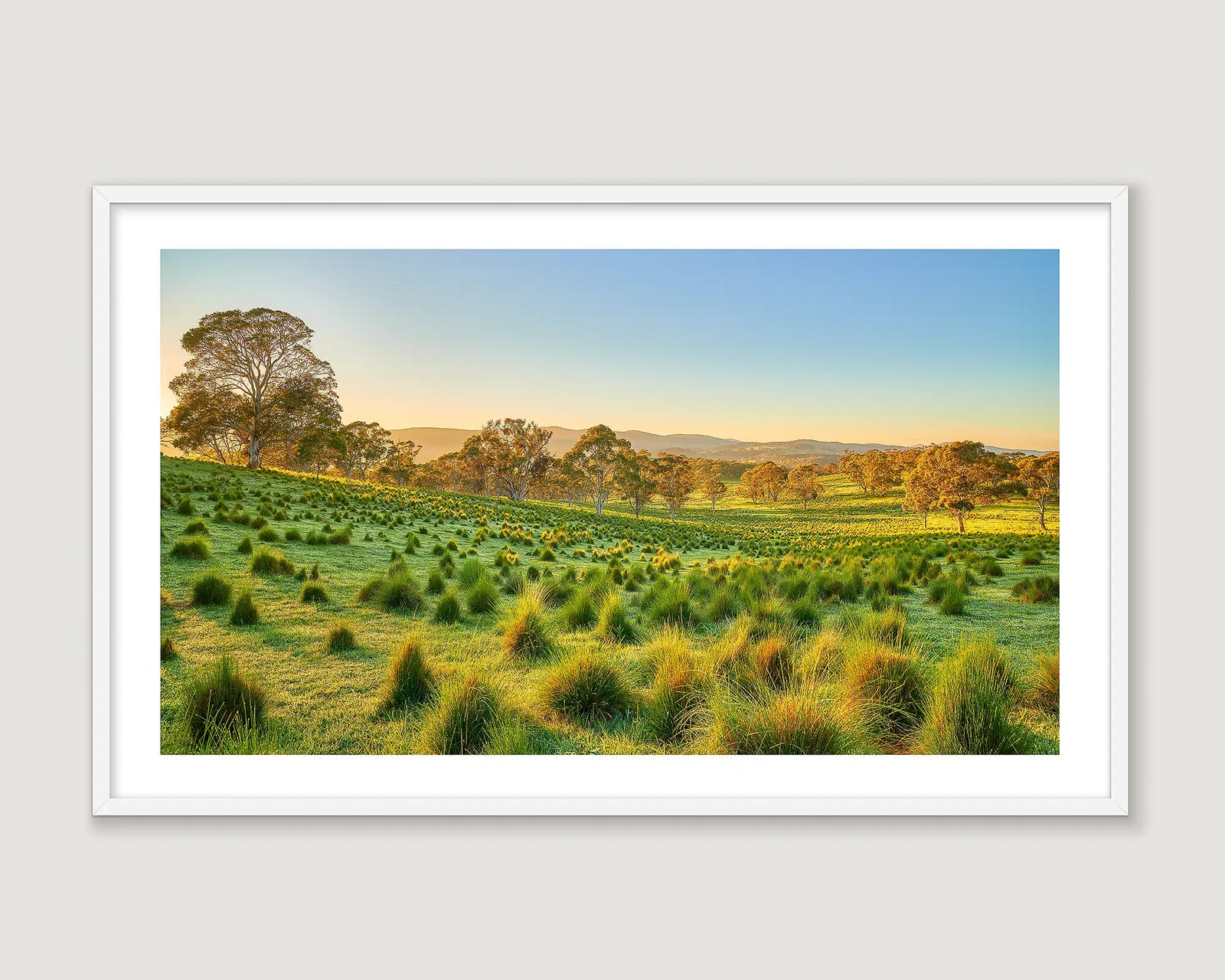 Framed photograph of a farm with green grass, trees and mountains.