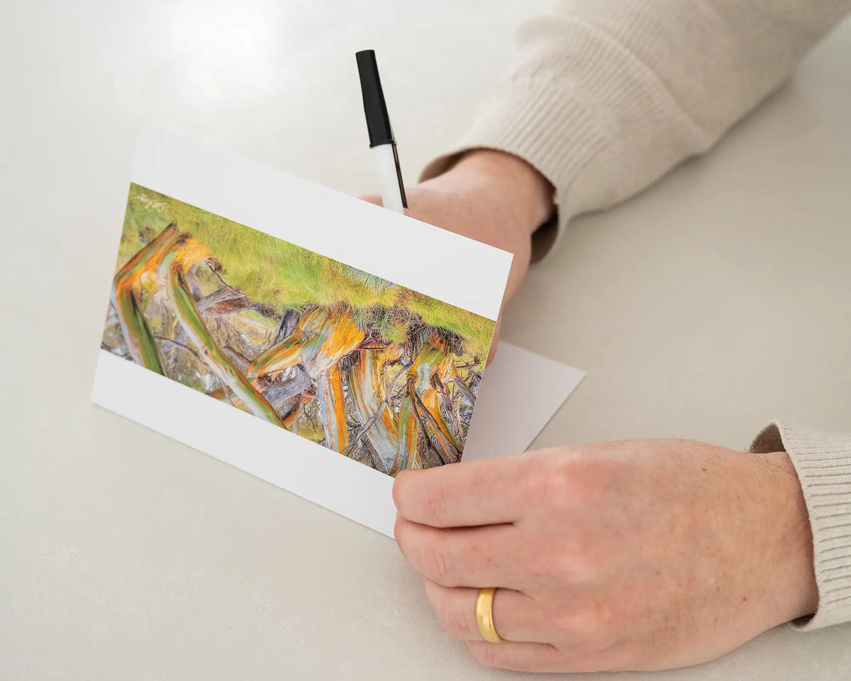 Kosi Colours greeting card of colourful snow gums in Kosciuszko National Park, with person writing message in card.