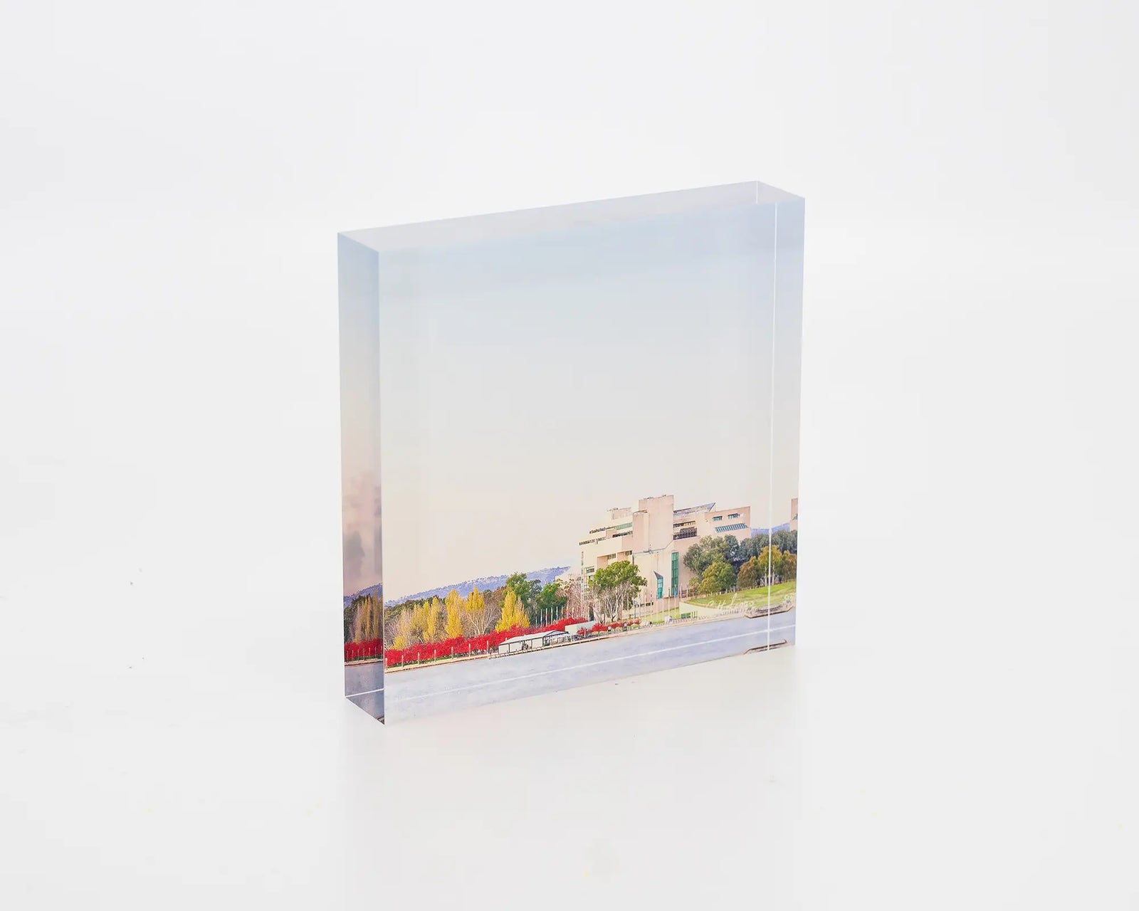 Lake Lookout. Acrylic block of the High Court of Australia at sunrise.