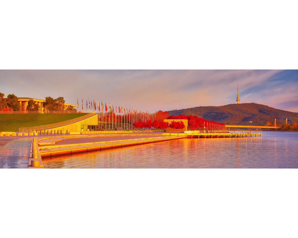 Lakeside Autumn. Sunrise by foreshore, Lake Burley Griffin, Canberra.