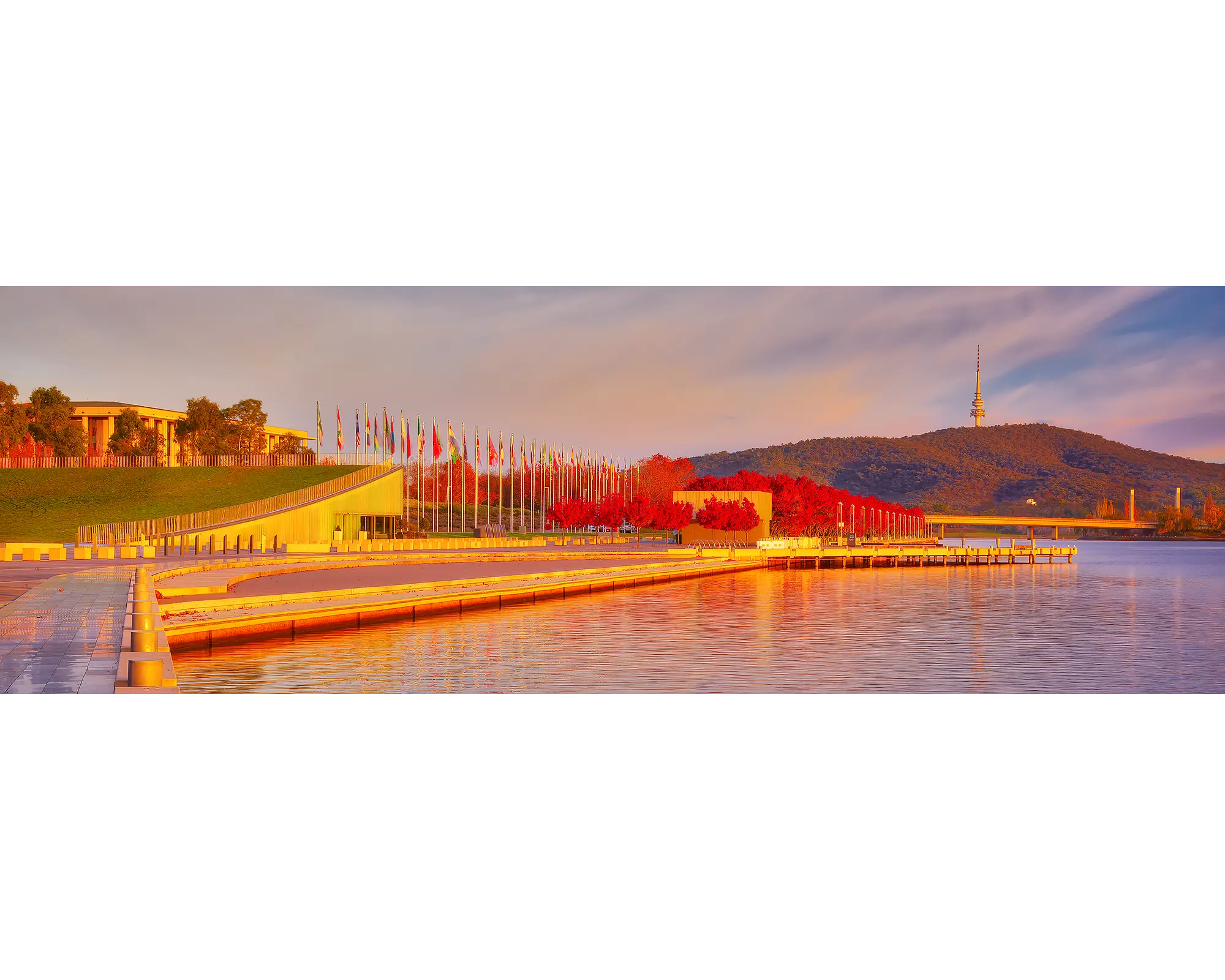 Lakeside Autumn. Sunrise by foreshore, Lake Burley Griffin, Canberra.