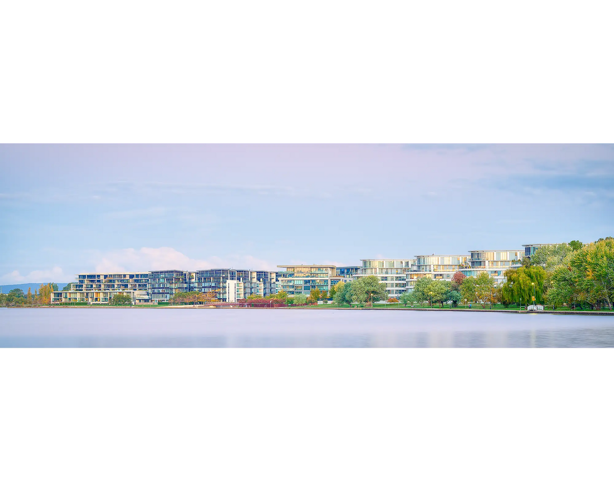 Lakeside sunset over Kingston foreshore apartments, Canberra.