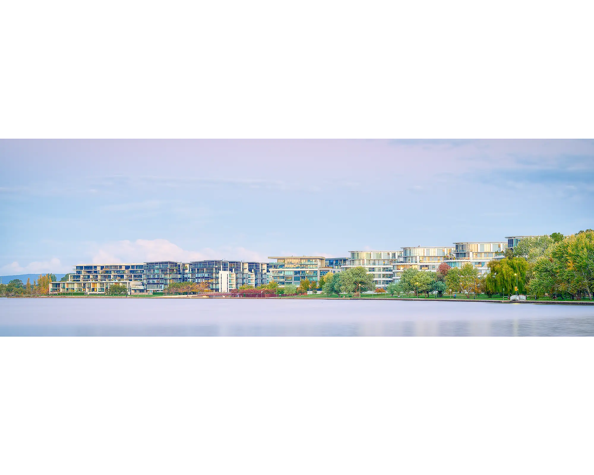 Lakeside sunset over Kingston foreshore apartments, Canberra.