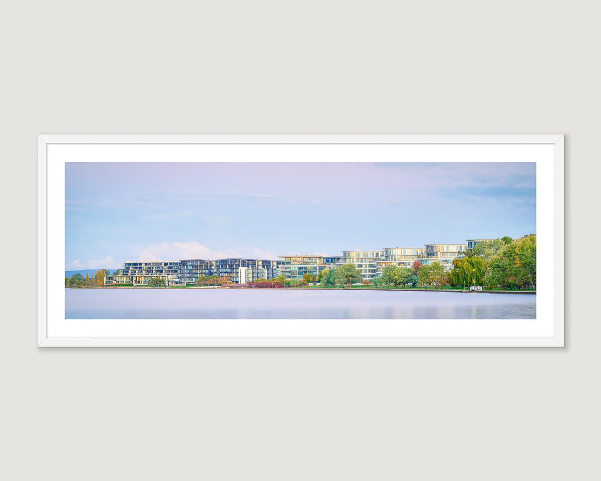 Framed photographic print of Lake Burley Griffin and the Kingston Foreshore. 