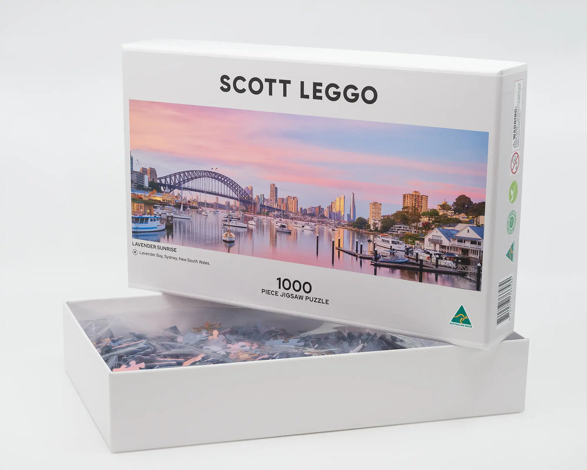 Lavender Sunrise. 1000 piece jigsaw puzzle Lavender Bay, Sydney, open box.
