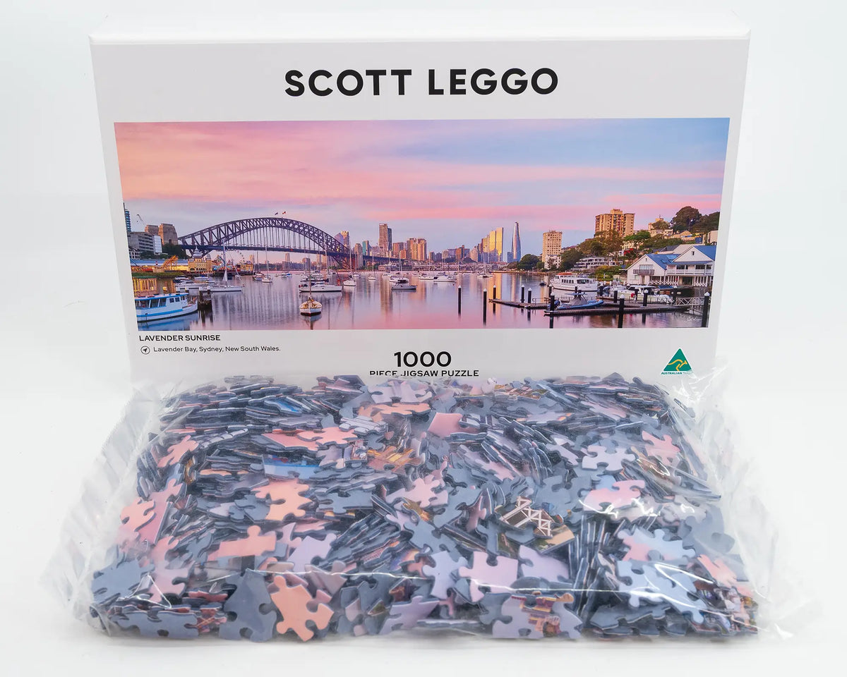 Lavender Sunrise. 1000 piece jigsaw puzzle showing puzzle pieces, Lavender Bay, Sydney.