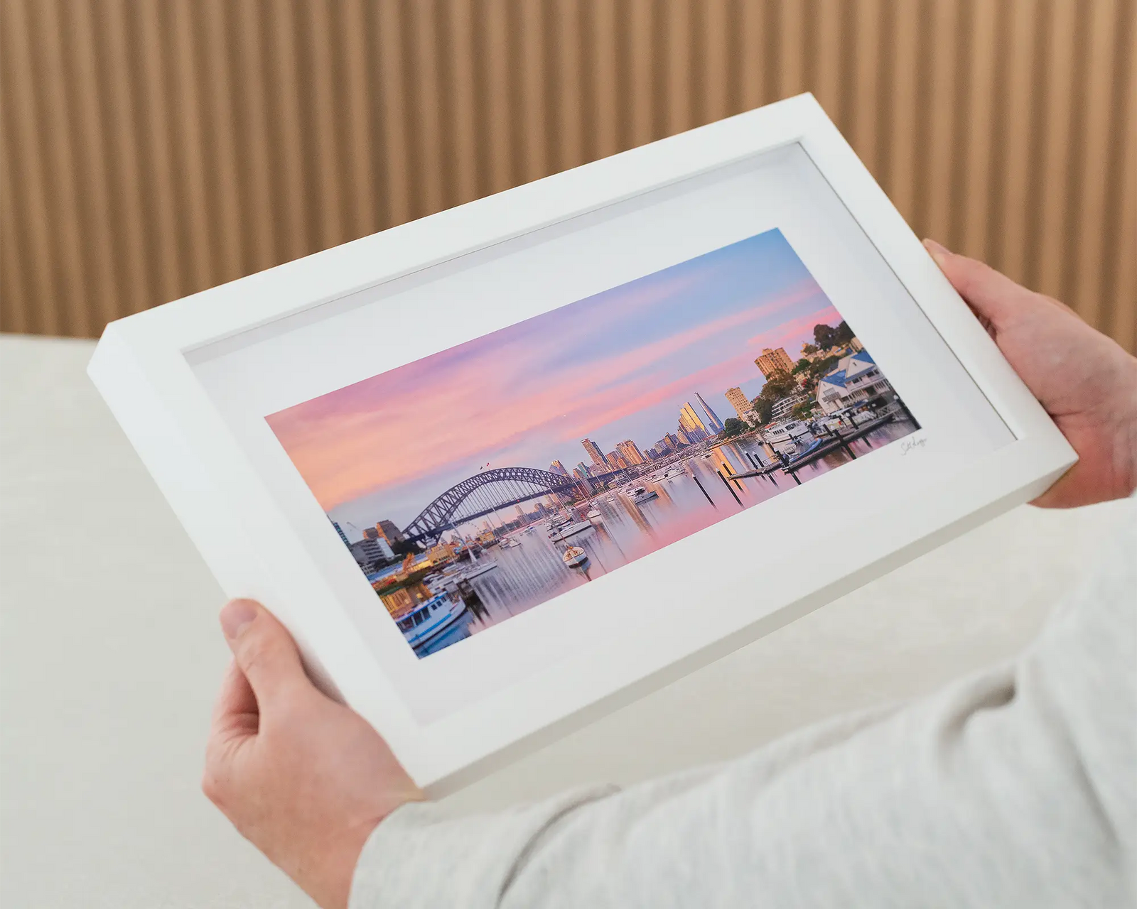 Framed wall art print of Sydney Harbour Bridge sunrise, and boats in Lavender Bay. 