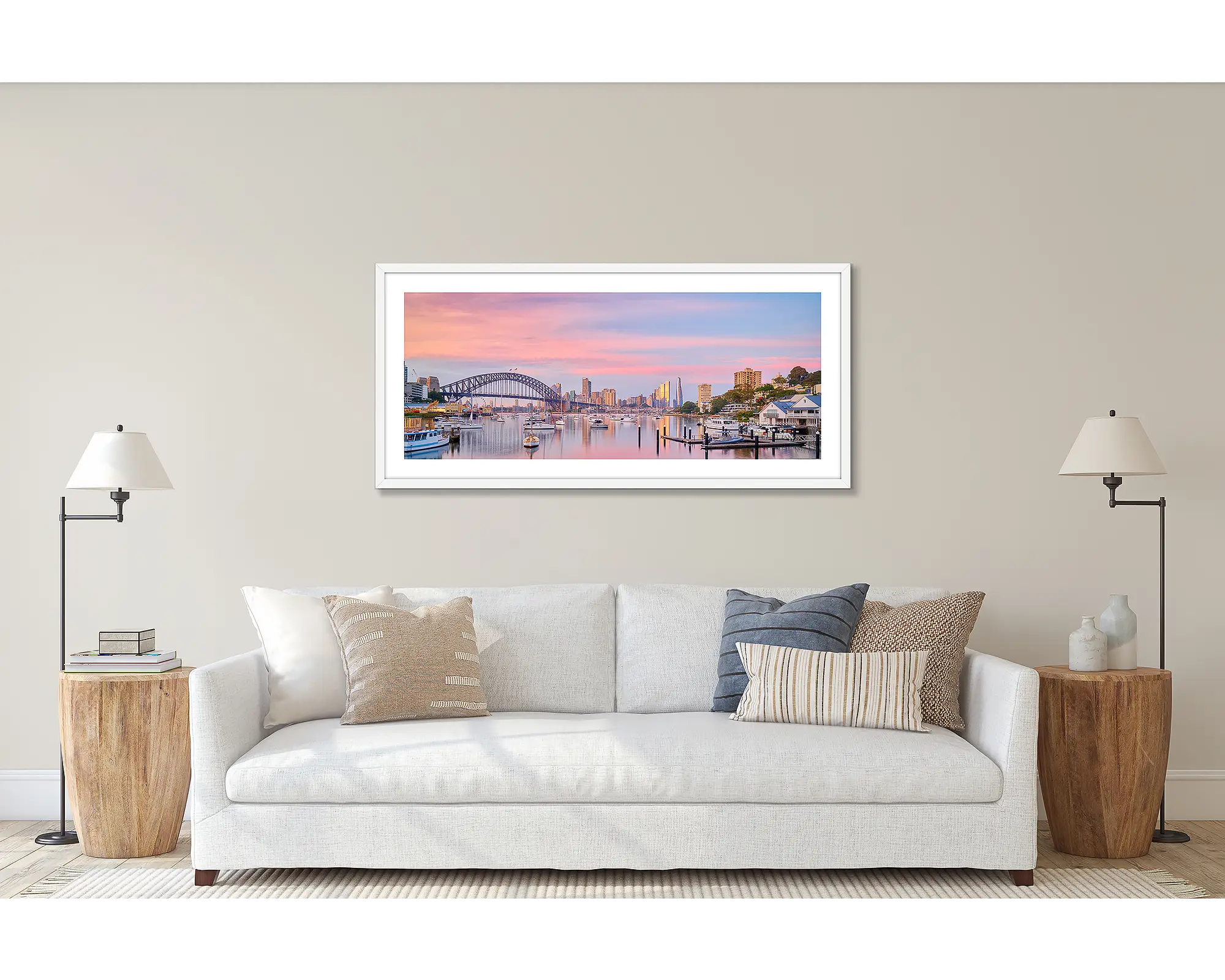 Pink sunrise over Sydney Harbour Bridge and Lavender Bay, Sydney.