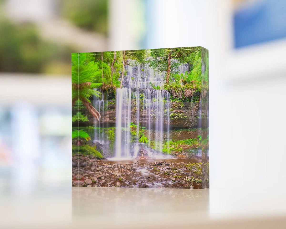 Layers. Acrylic block Russell Falls, Mount Field National Park, Tasmania, on display in gallery.