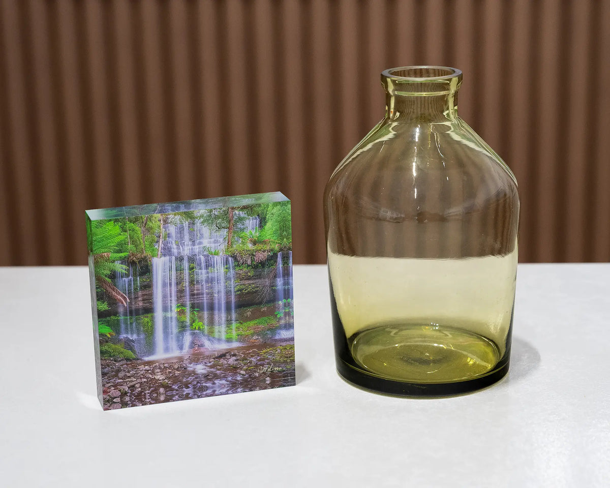 Layers. Acrylic block Russell Falls, Mount Field National Park, Tasmania, styled with a small vase.