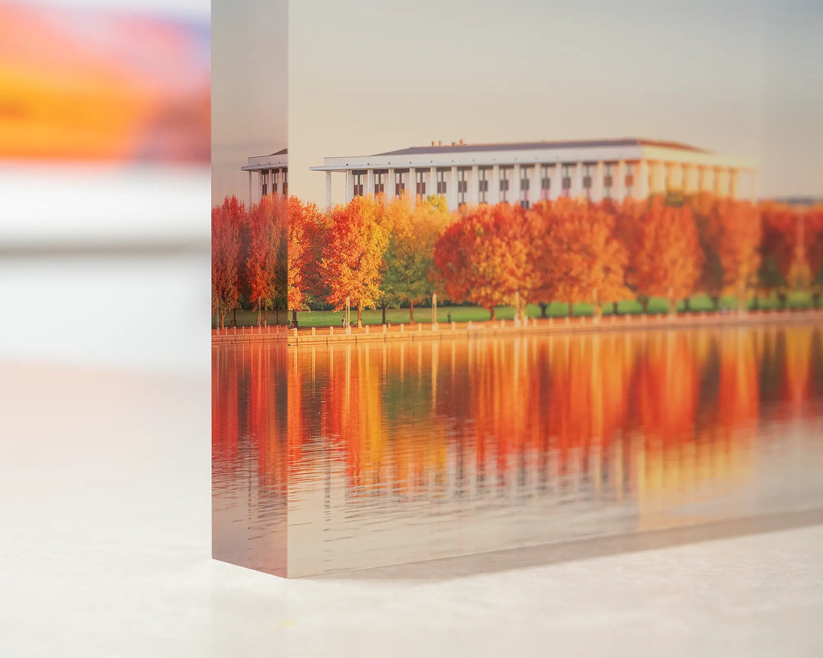 Library Reds. Acrylic block corner close-up of the National Library of Australia in Autumn.