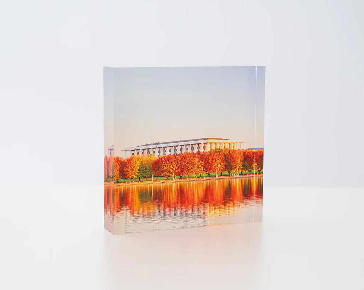 Library Reds. Acrylic block of National Library of Australia in Autumn.