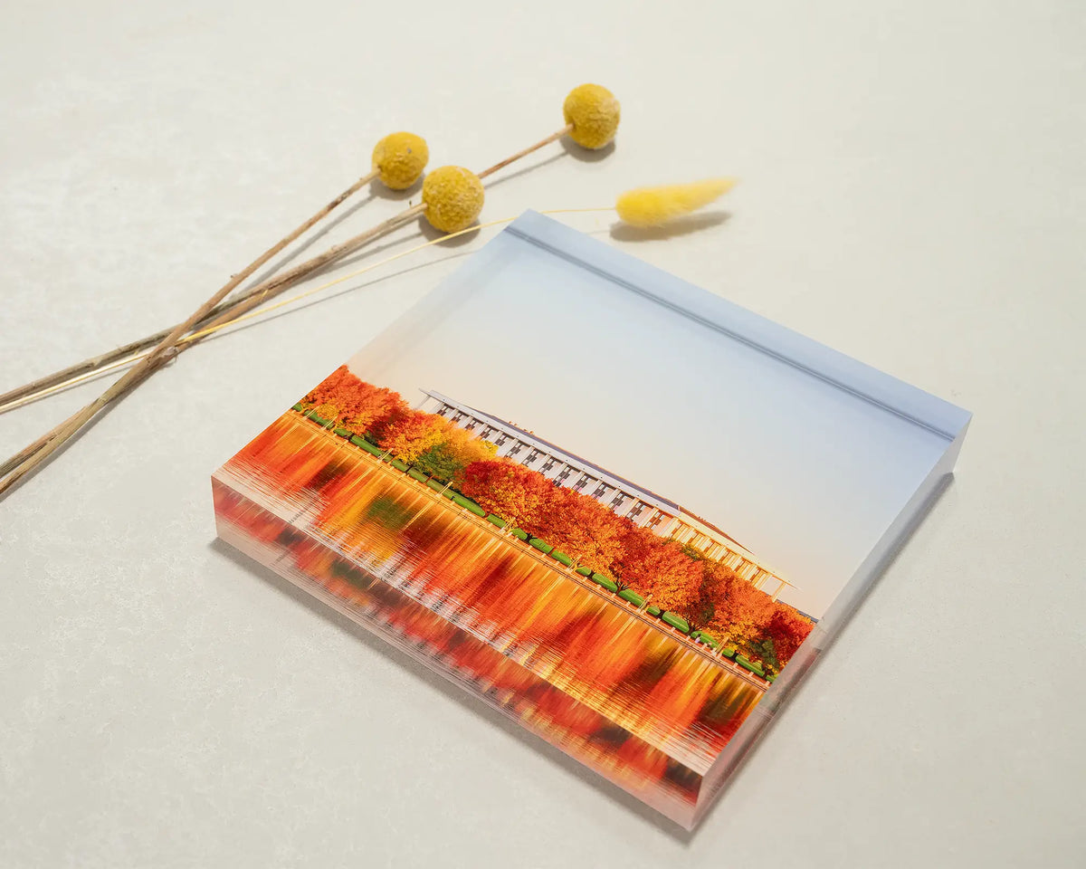Library Reds. Acrylic block of the National Library of Australia in Autumn, laying flat on a desk with dried flowers.