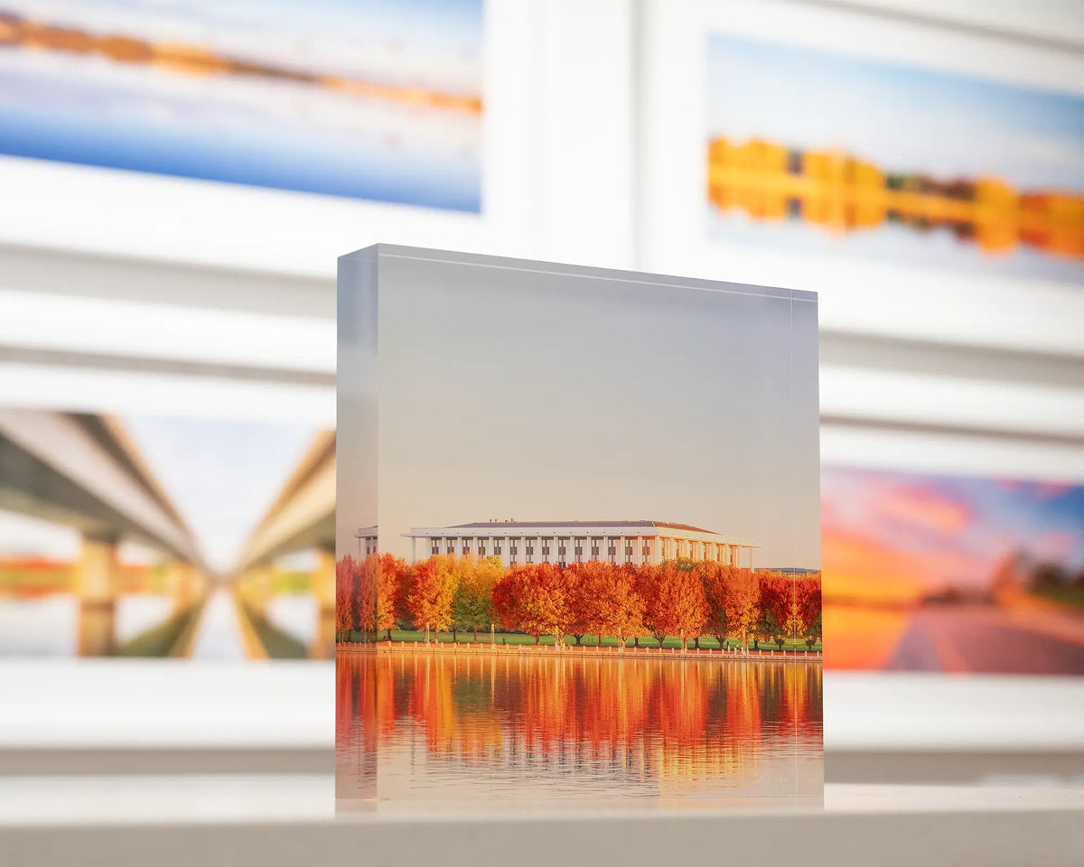 Library Reds. Acrylic block of the National Library of Australia on a table with Canberra artworks behind.