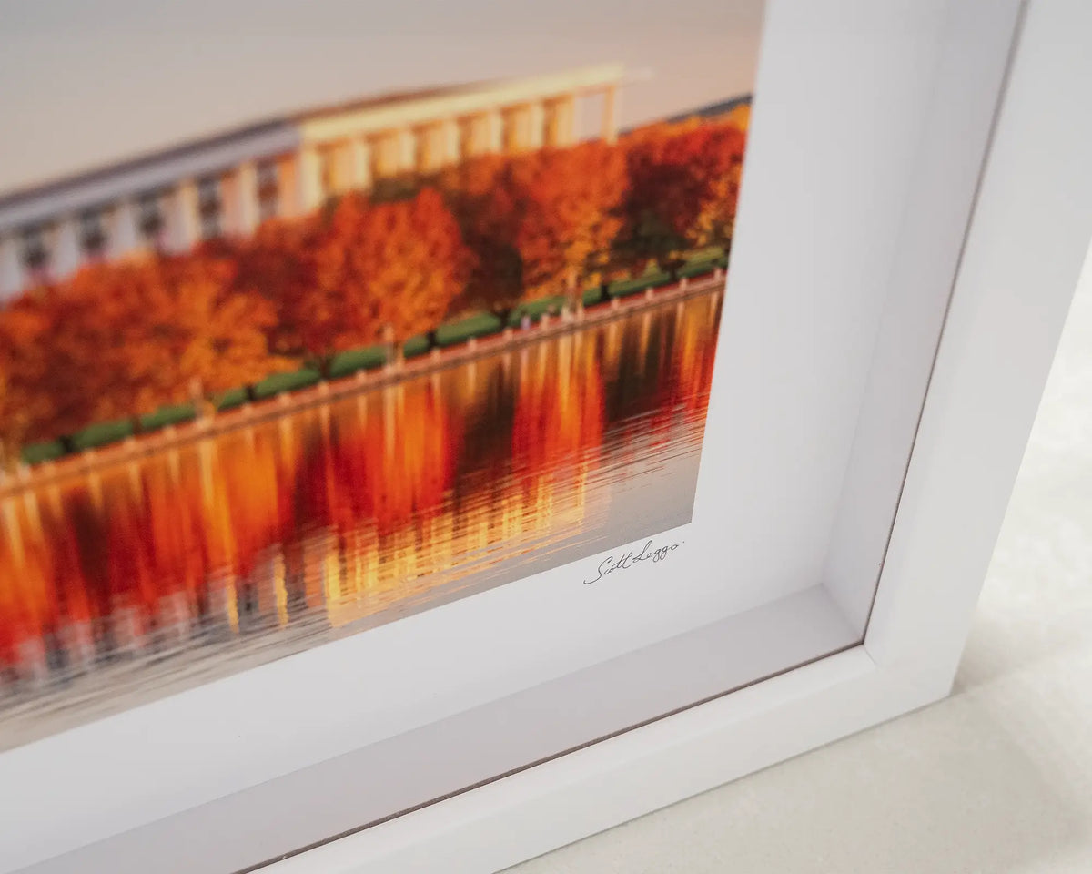 Library Reds. Small framed print of the National Library of Australia at sunset showing box frame details.