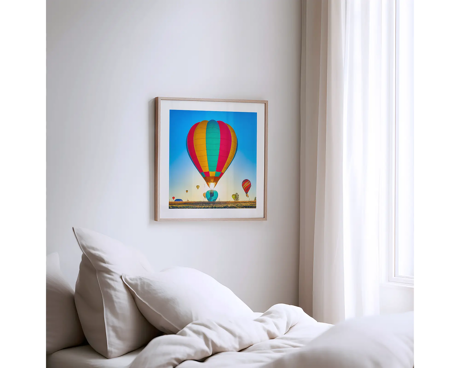 Framed wall art print of a colourful balloon at the Canberra Balloon Festival. 