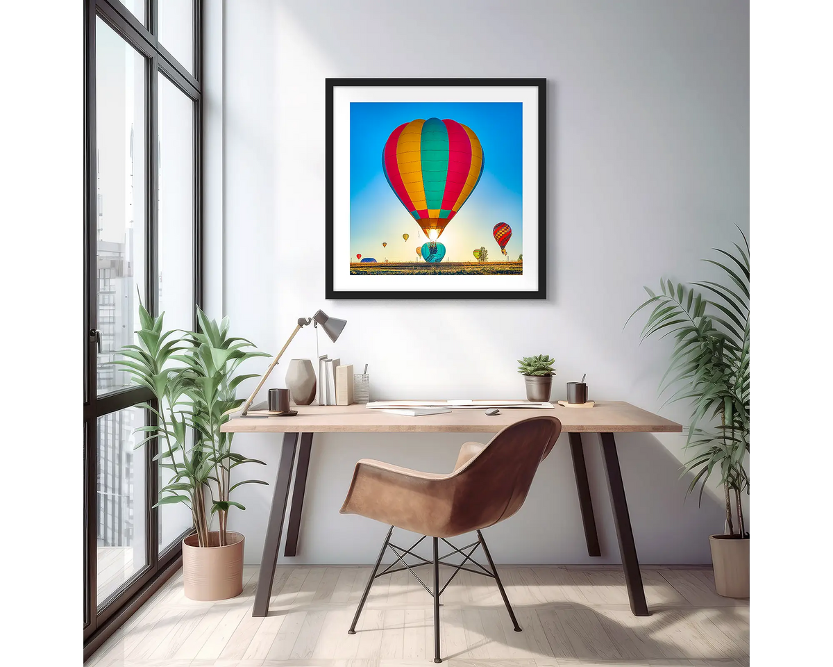 Lift. Hot air balloon over Canberra, photographic wall art print with a black frame, hung above a small desk. 