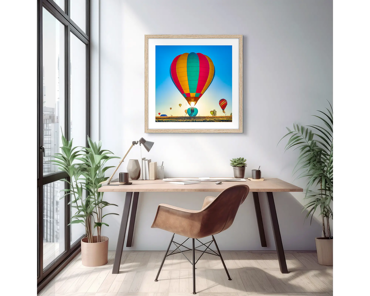 Lift. Hot air balloon over Canberra, photographic wall art print with a Tassie oak frame, hung above a small desk. 