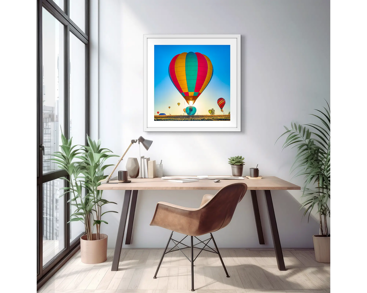 Lift. Hot air balloon over Canberra, photographic wall art print with a white frame, hung above a small desk. 