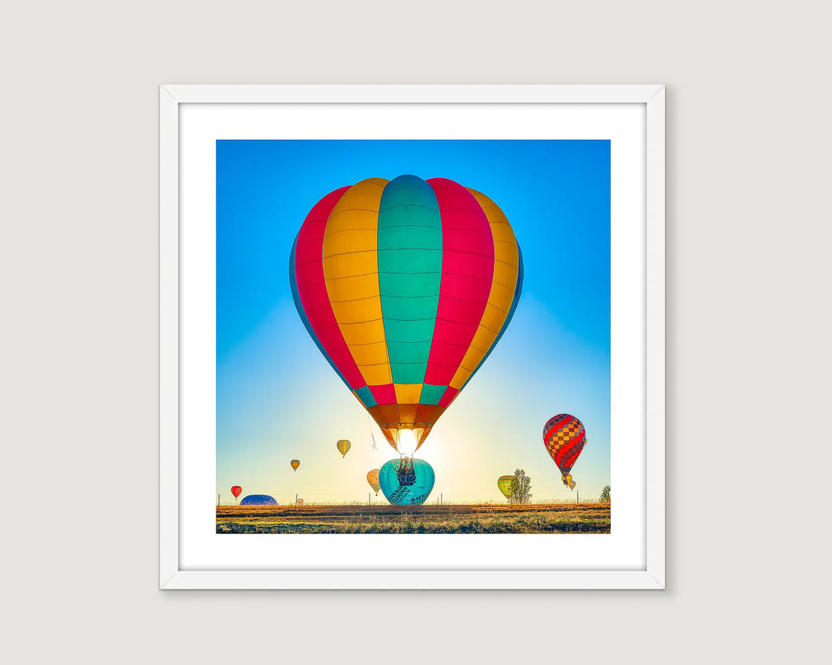 Framed wall art print of a colourful balloon at the Canberra Balloon Festival. 