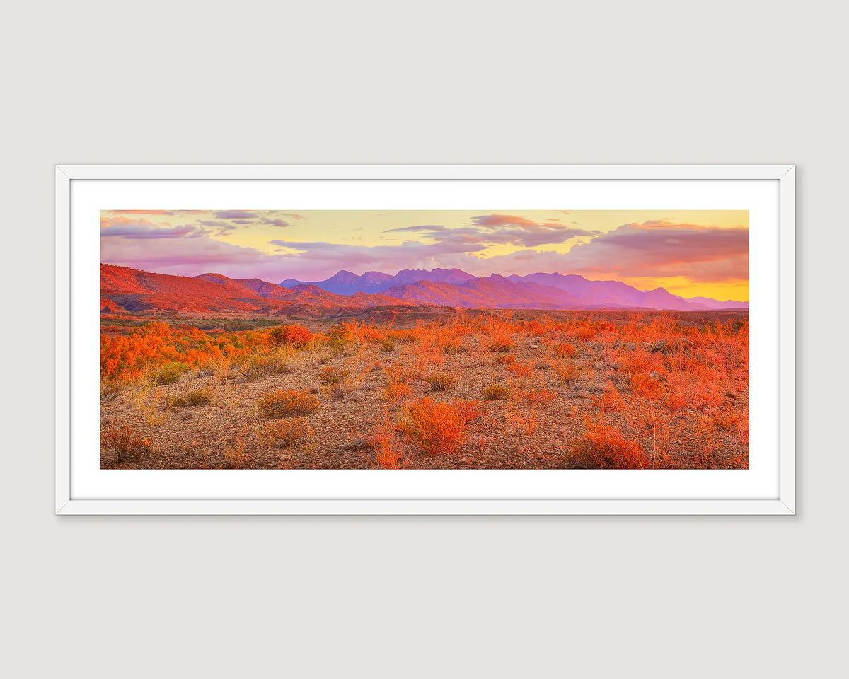 Framed wall art print of a colourful sunset over the Flinders Ranges in the outback. 