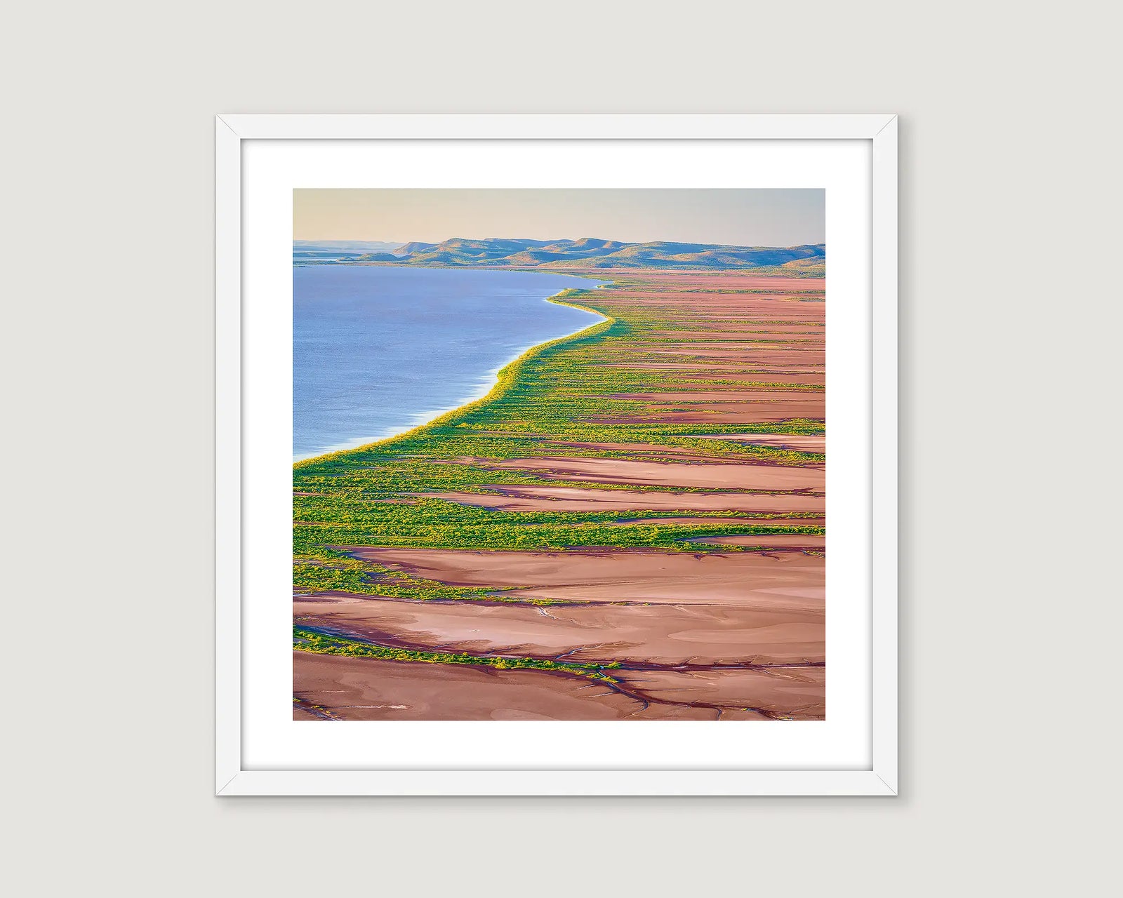 Framed wall art print of a coastal scene with mudflats and mangrove trees, the Kimberley. 