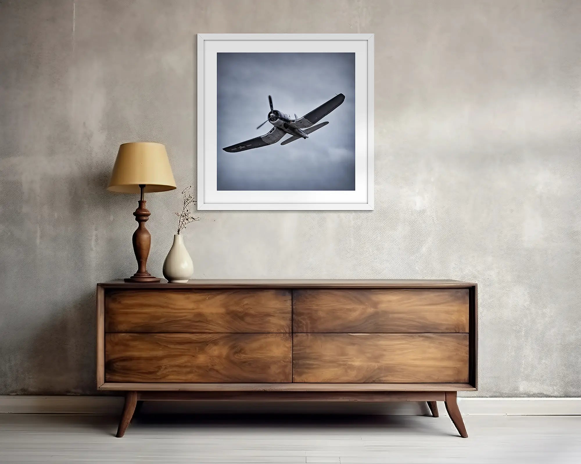 Goodyear FG-1D Corsair flying above.