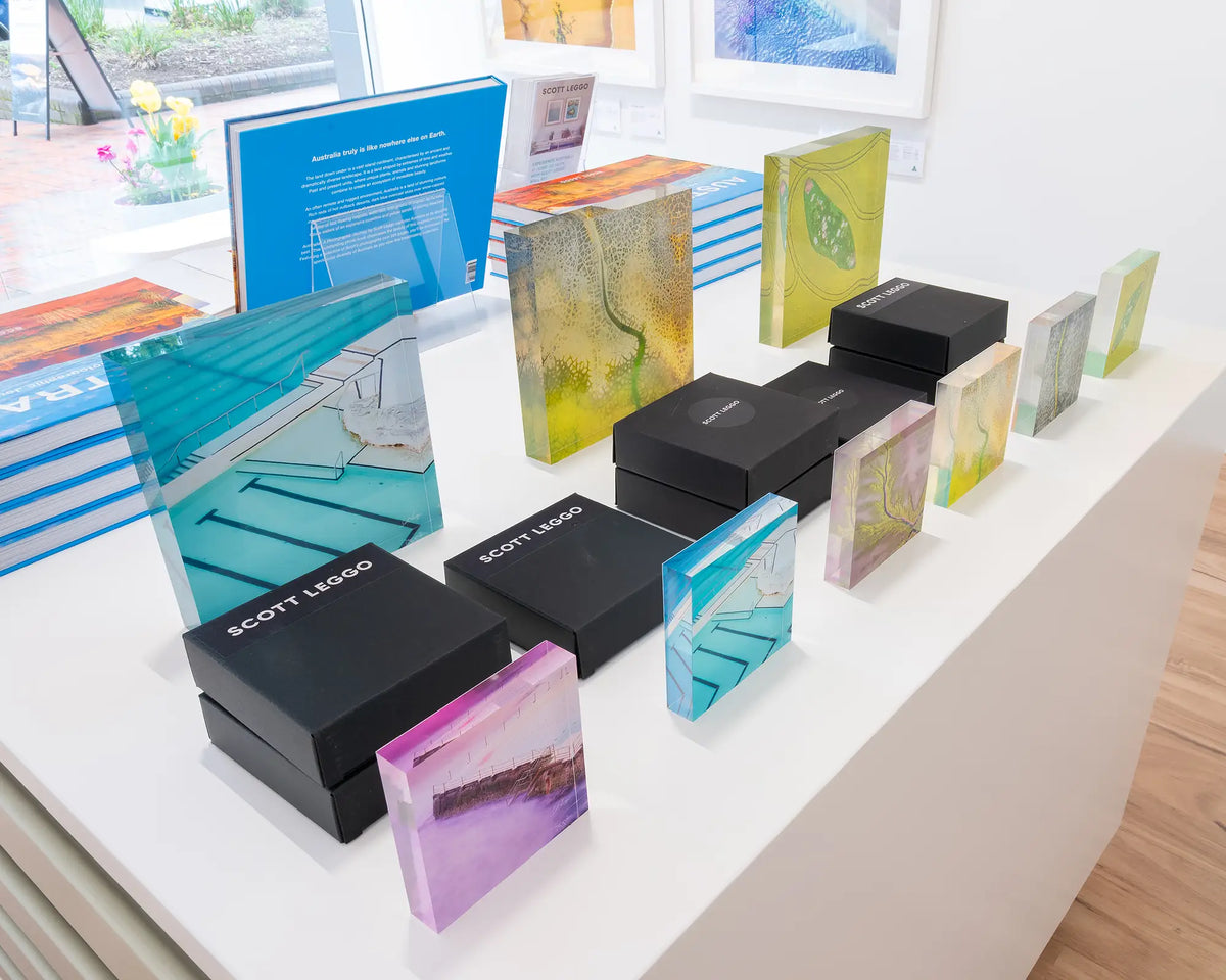Lines. Acrylic block of Bondi ocean baths Sydney, in gallery display.