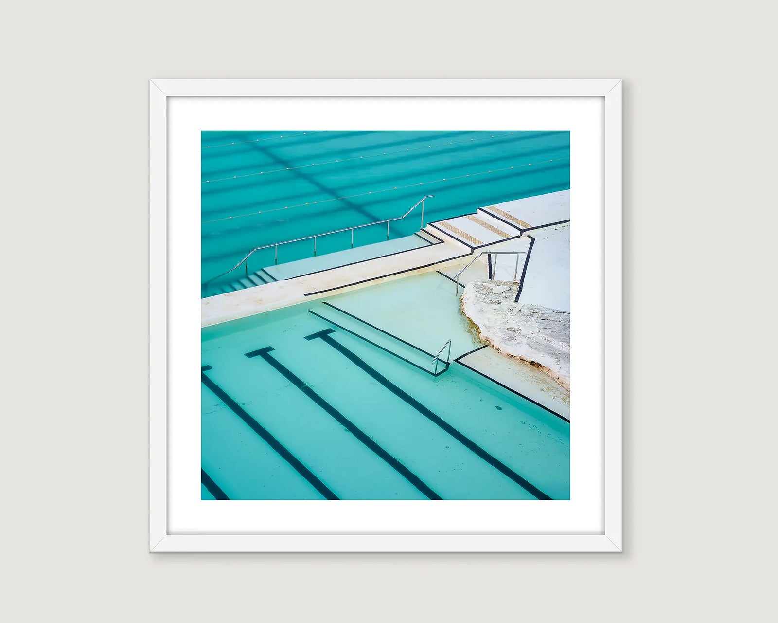 Framed wall art print from an abstract perspective of aqua water in the Bondi Icebergs swimming pool. 